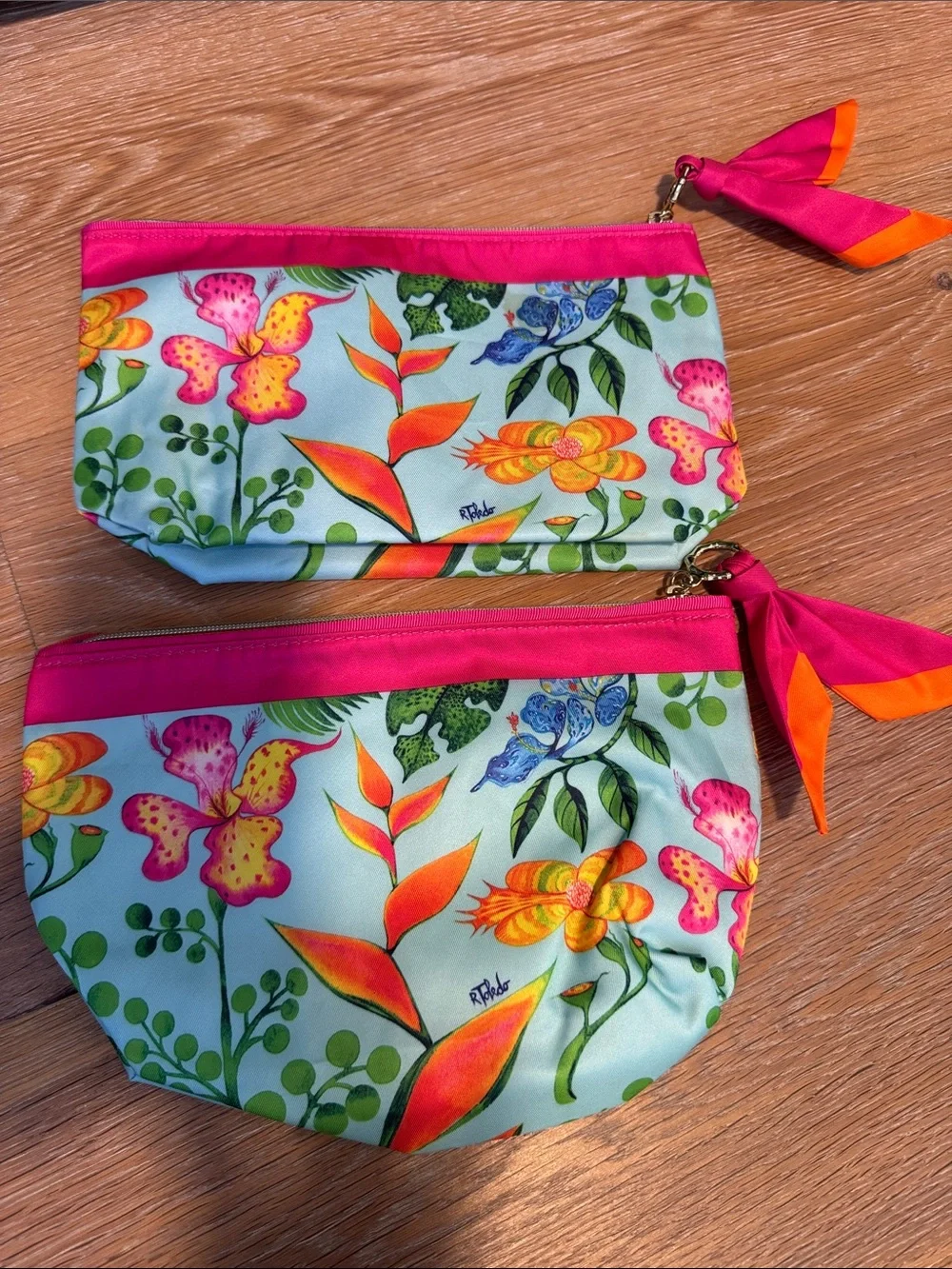 Estee Lauder Floral Satin Pouch Set - Mint, Pink & Orange Accents